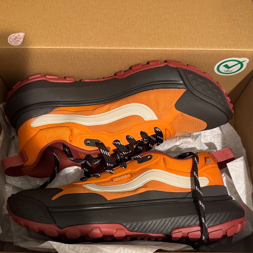 Orange and Black Sneakers with Red Soles